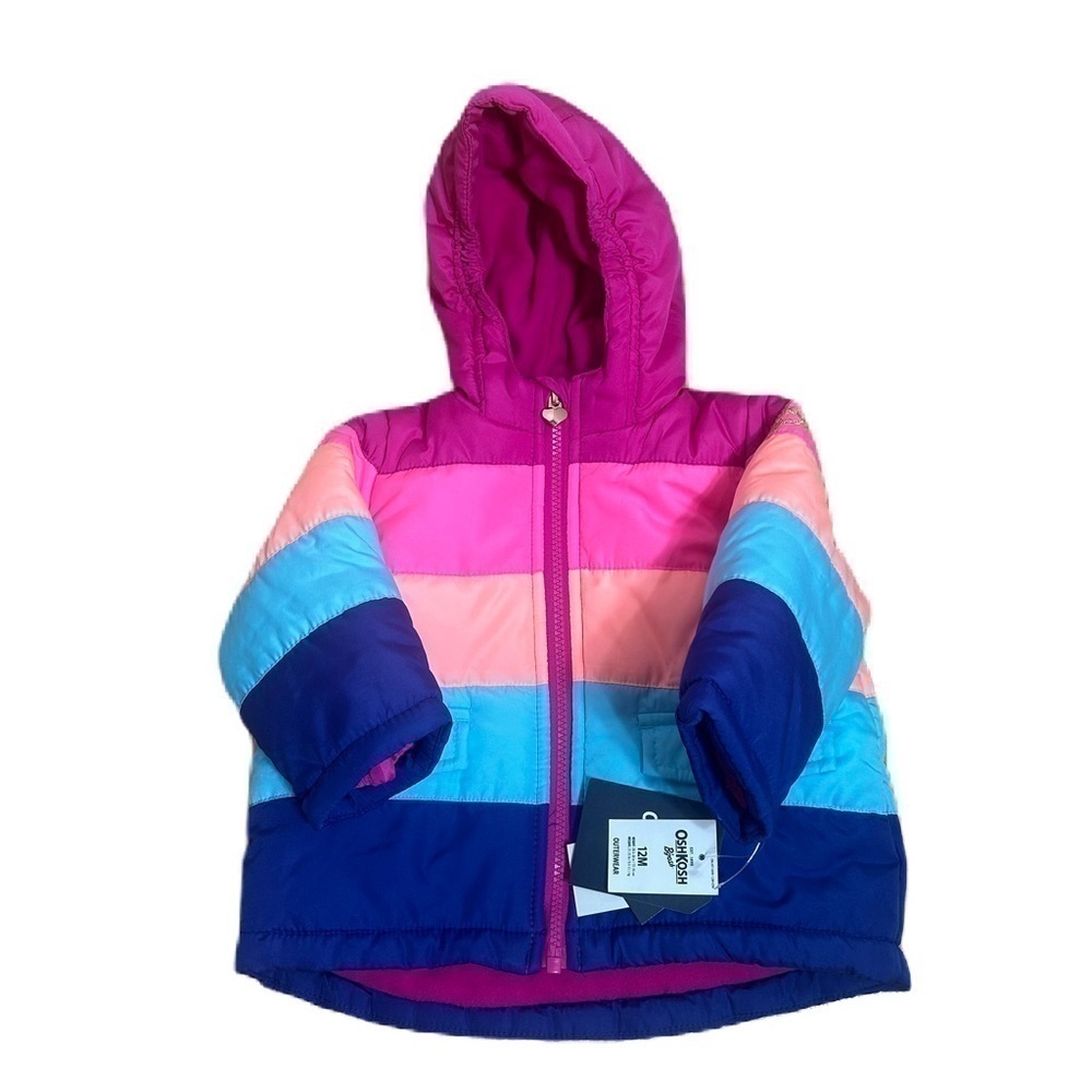 OshKosh B’gosh Puffer Jacket NWT 12 mos Pink Peach Blue Baby Kids Hooded